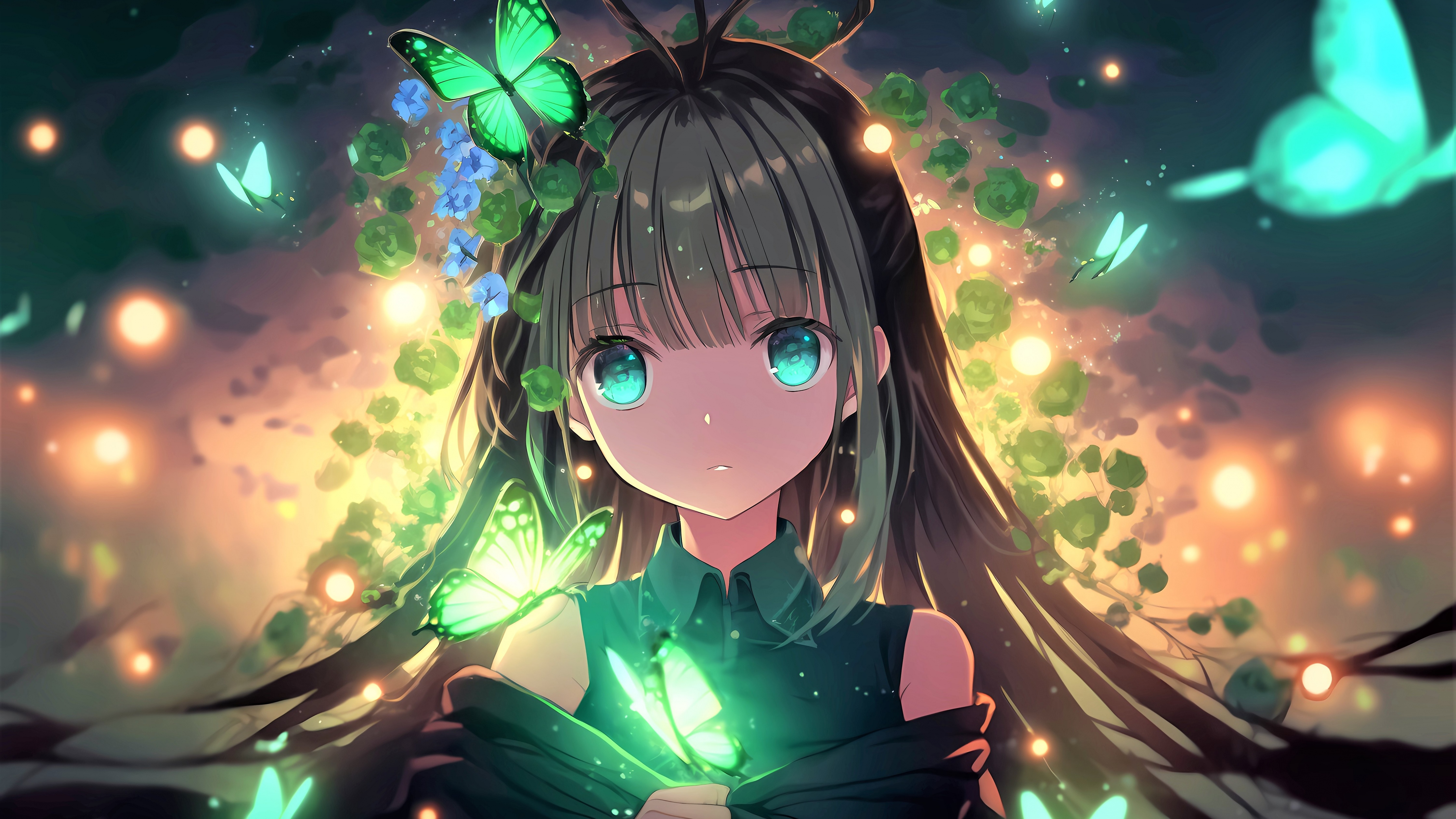 Anime girl Wallpaper 4K, Green eyes, Girly backgrounds - anime rise of the yokai clan